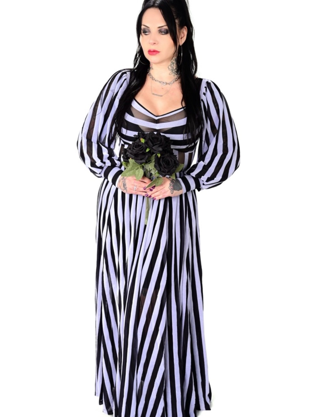 Foxblood Victoria Striped Mesh Gown- black and white. Size medium